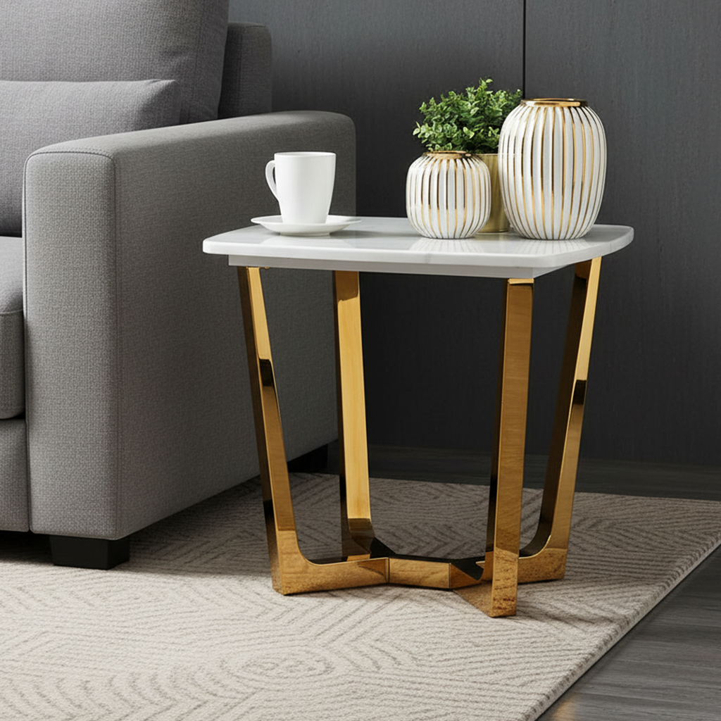 Gold Geometric Base Marble Side Table - Image 2