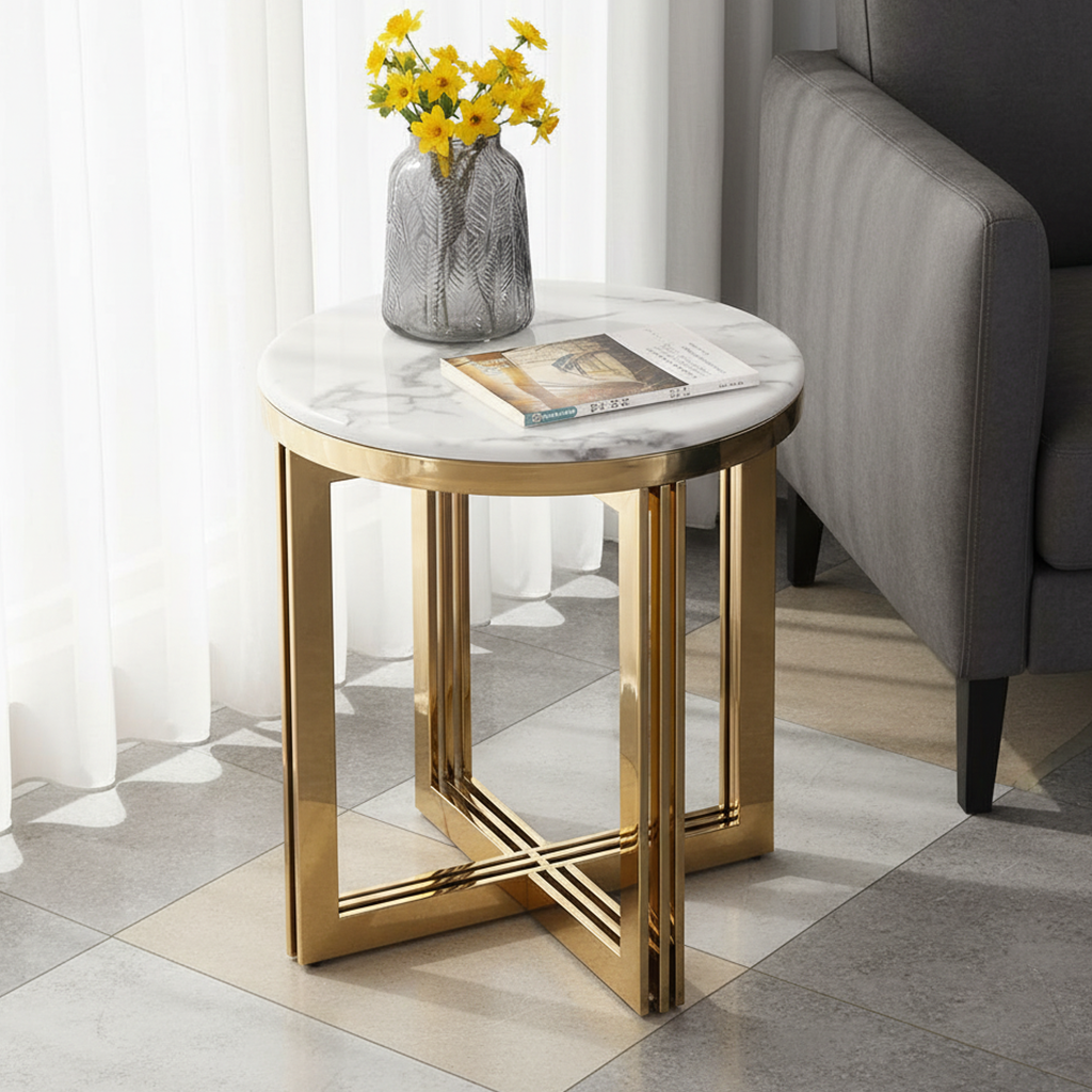 Gold Crisscross Marble Side Table - Image 2