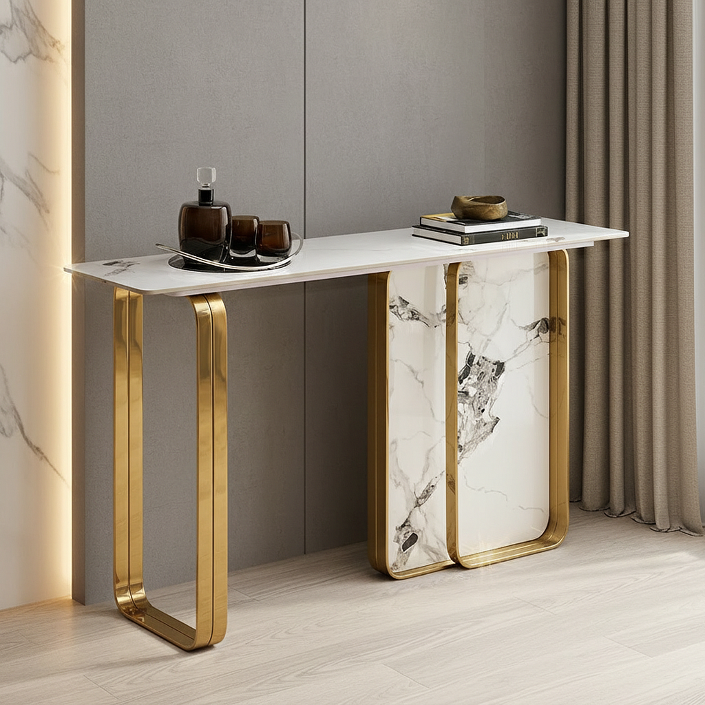 Gold Rounded-Frame Marble Console Table - Image 2