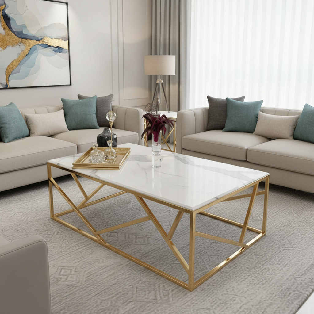 Modern Gold Geometric Diamond-Base Marble Coffee Table - Image 2