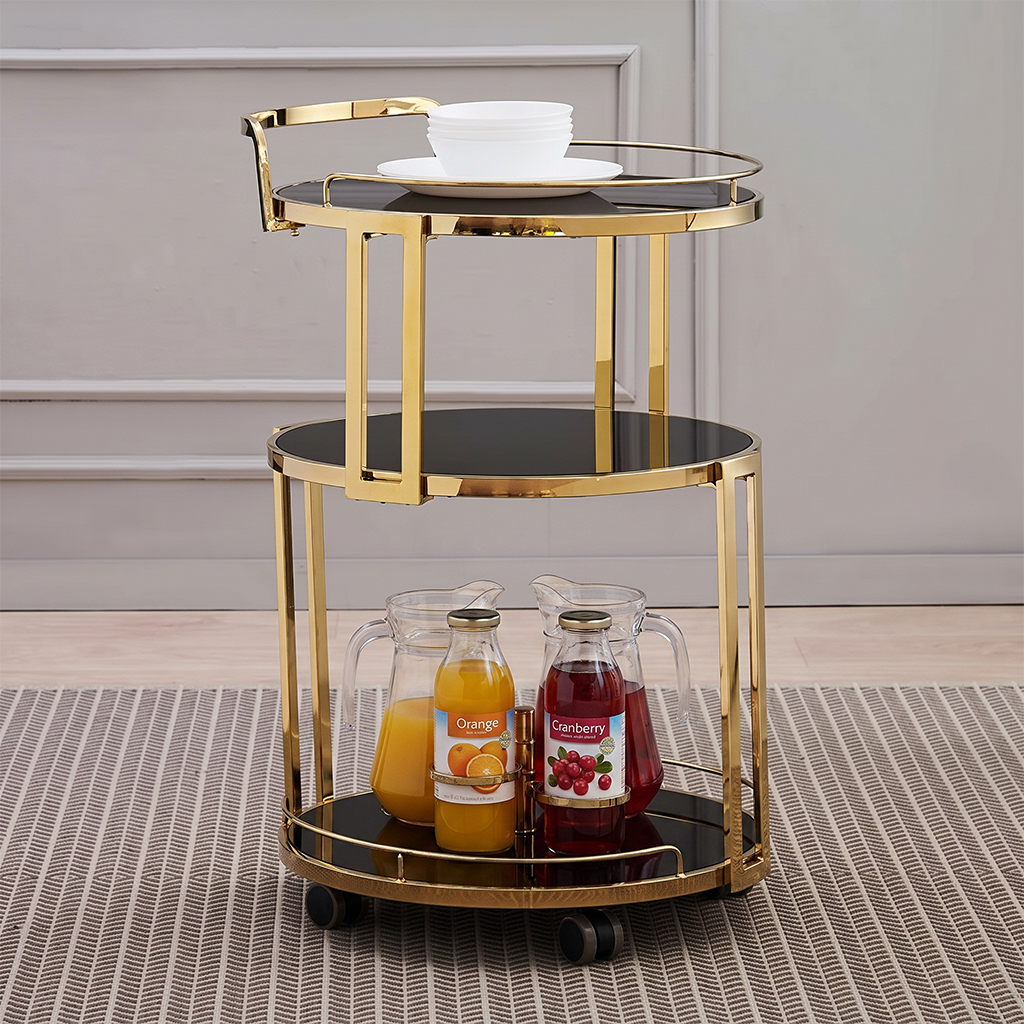 Luxury Modern Gold Bar Cart – Elegant 3-Tier Round Tiered Serving Trolley with Black Glass Shelves and Mobile Rolling Casters