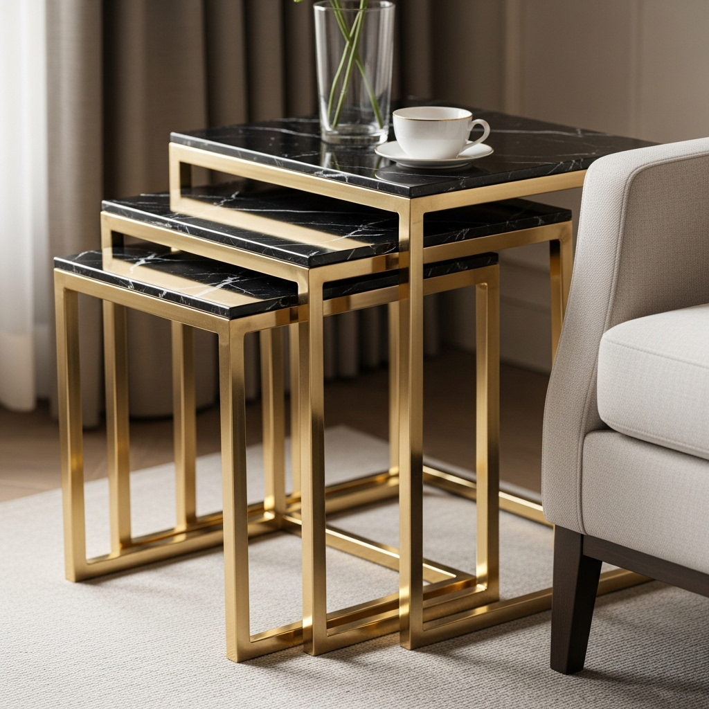 Nesting Black Marble & Gold Side Set - Image 2