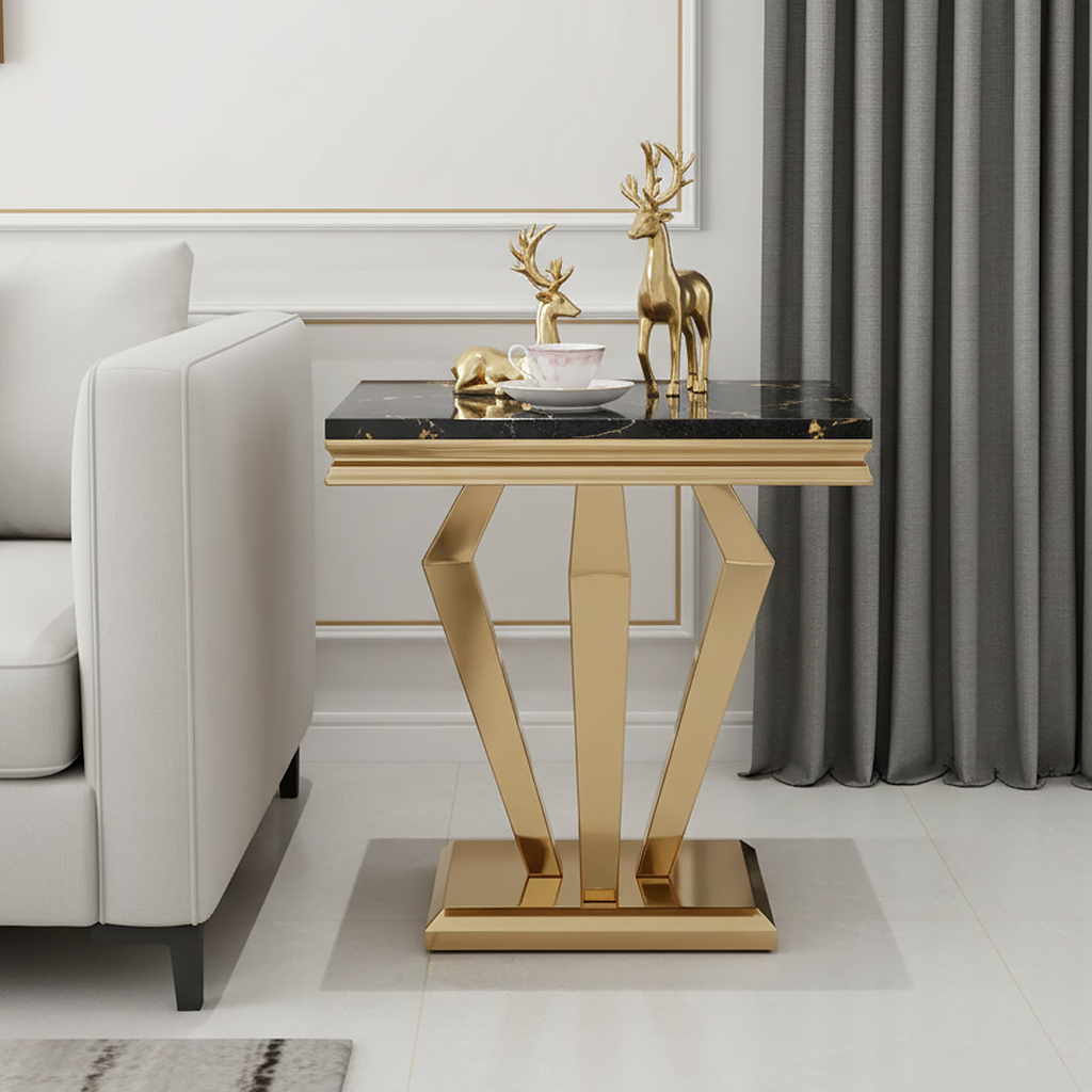 Geometric Gold & Black Marble Side Table - Image 2