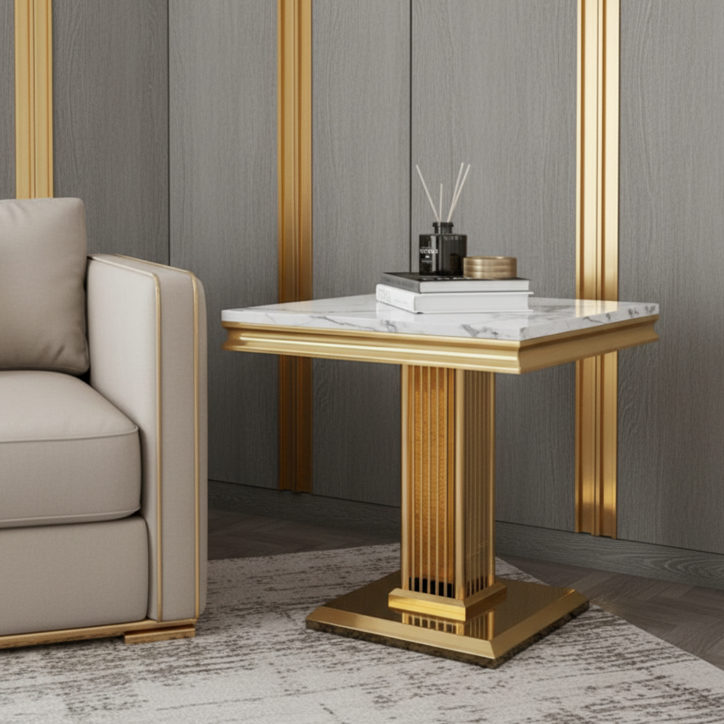 Fluted Gold & White Marble Side Table - Image 2
