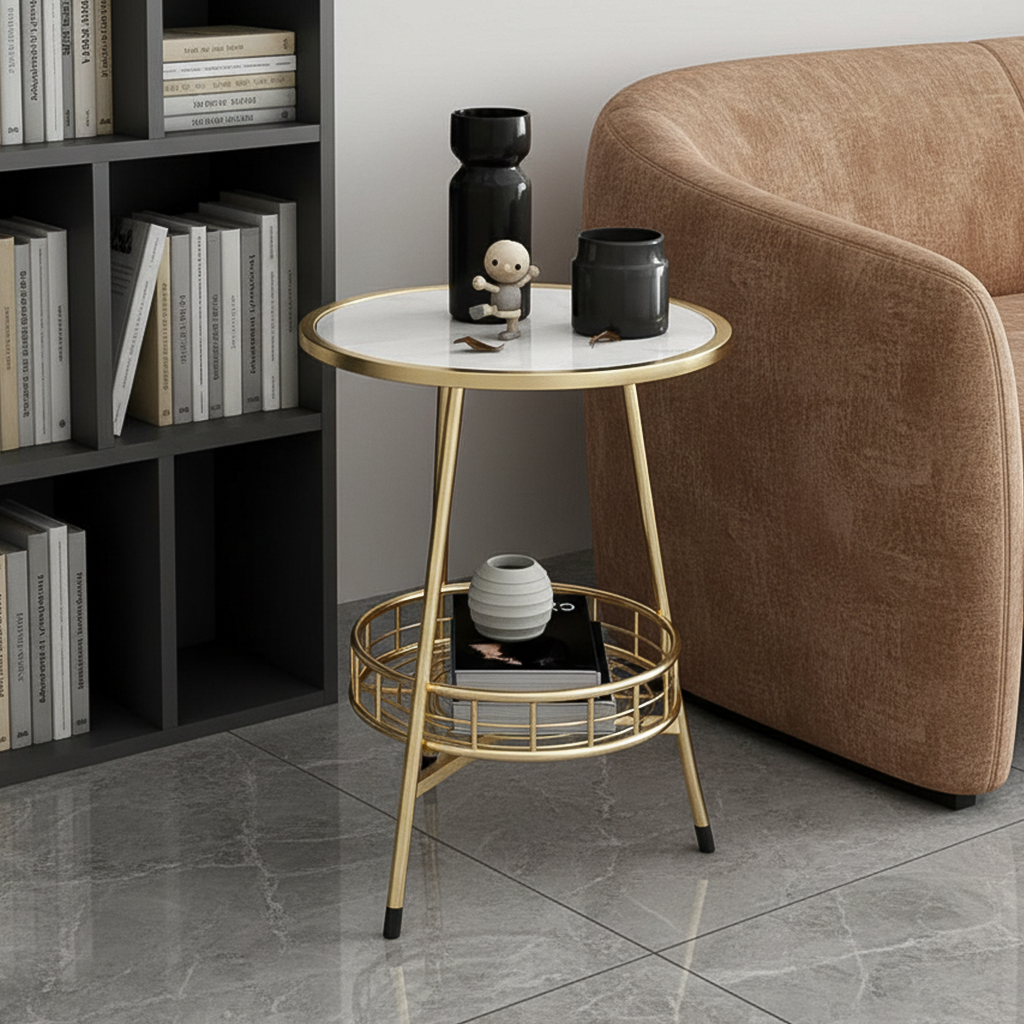 Modern Gold Side Table with Mesh Shelf - Image 2