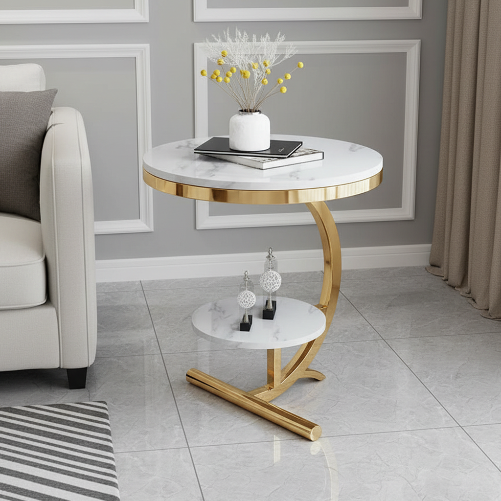 Modern Gold C-Frame Double Marble Side Table - Image 2