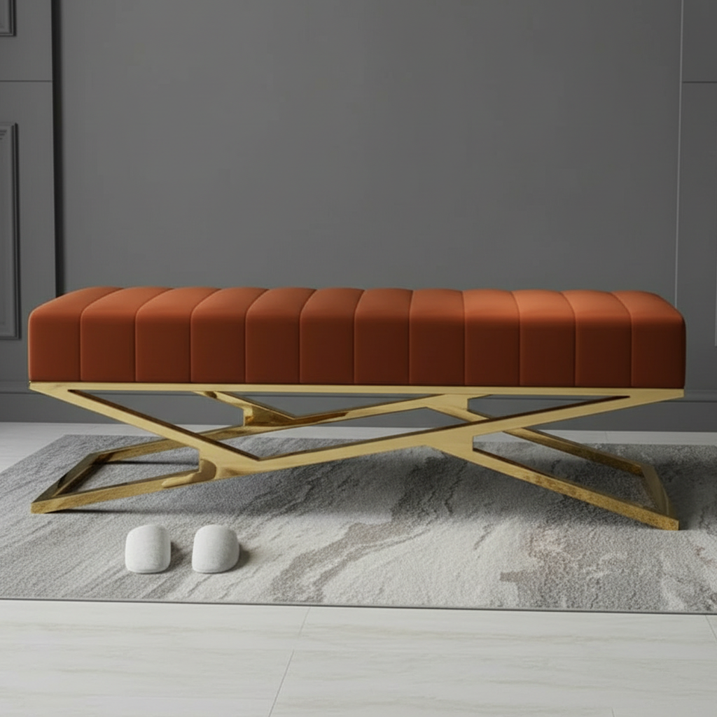 Modern Gold Z-Frame Channel-Tufted Rust Orange Bench - Image 2