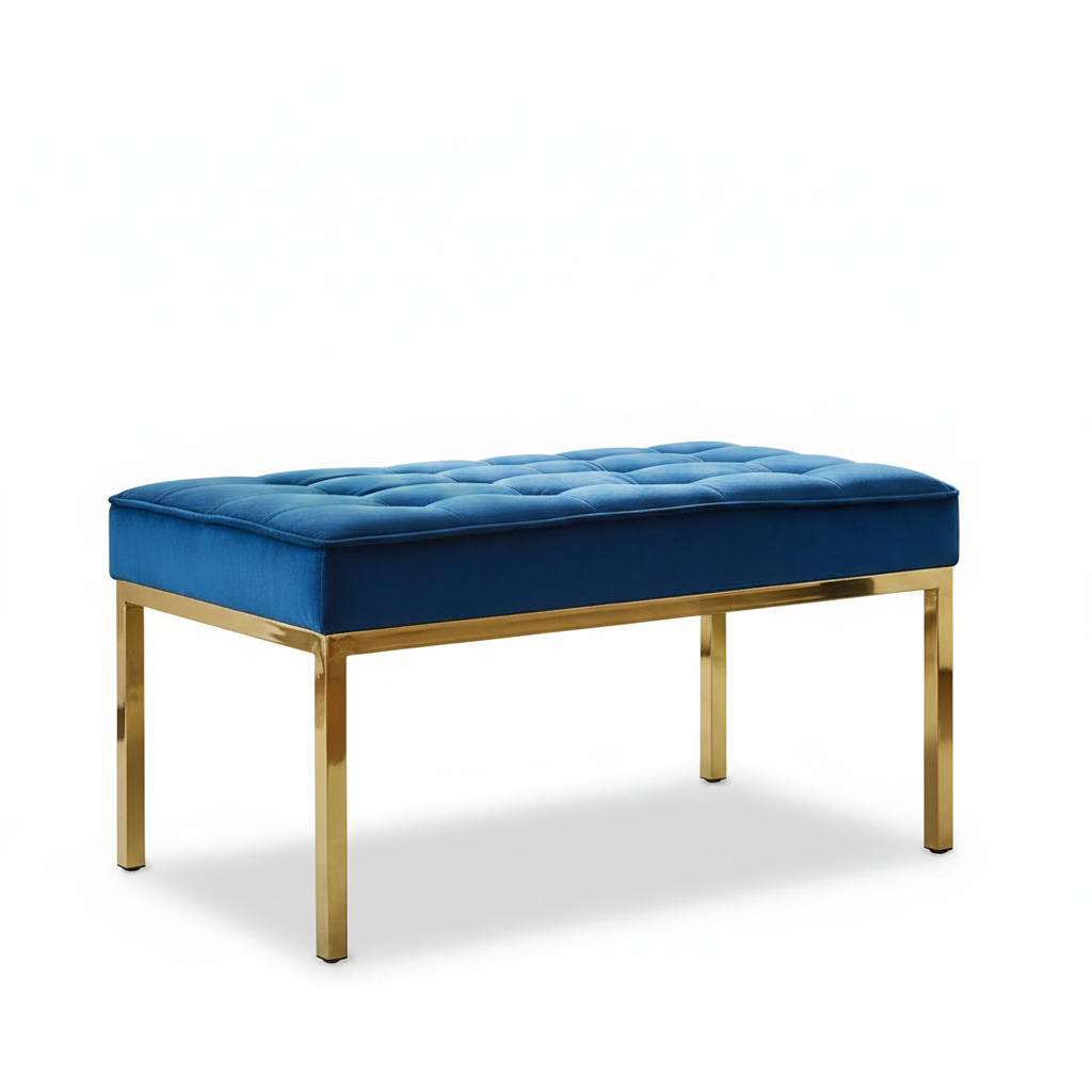 Modern Gold-Framed Royal Blue Velvet Tufted Bench - Image 2