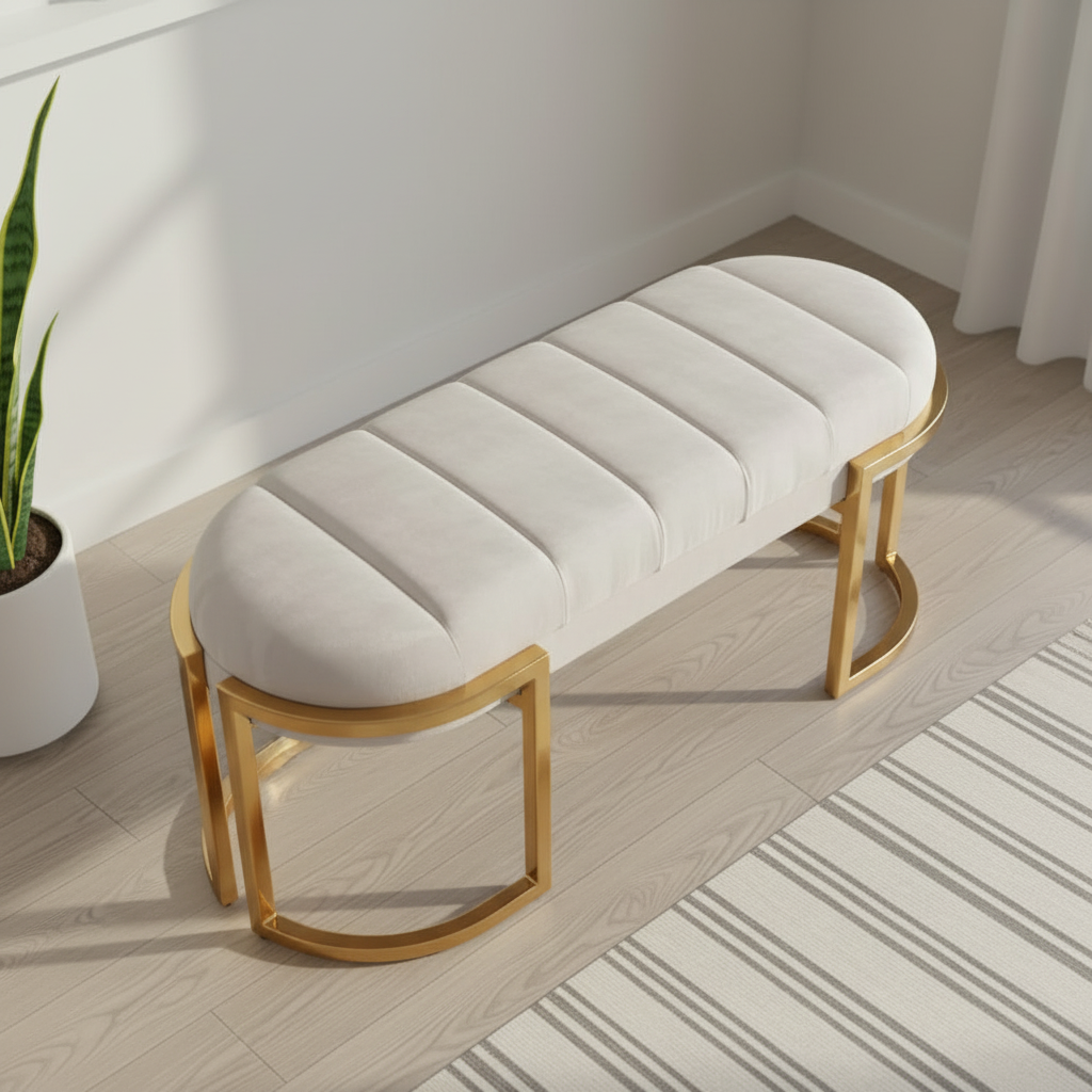Modern Gold-Framed Ribbed Grey Fabric Bench - Image 2