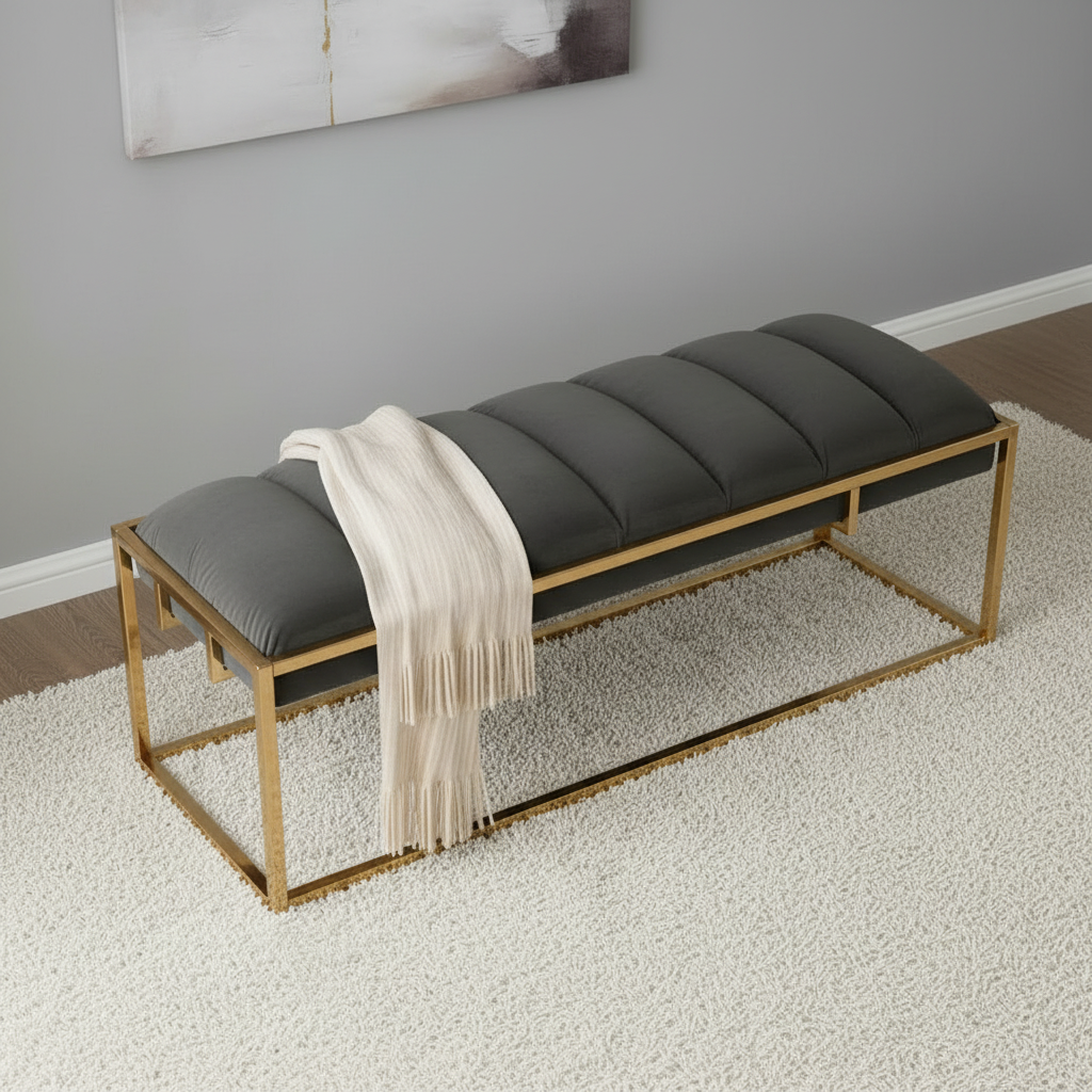 Modern Gold-Framed Channel-Tufted Charcoal Fabric Bench - Image 2