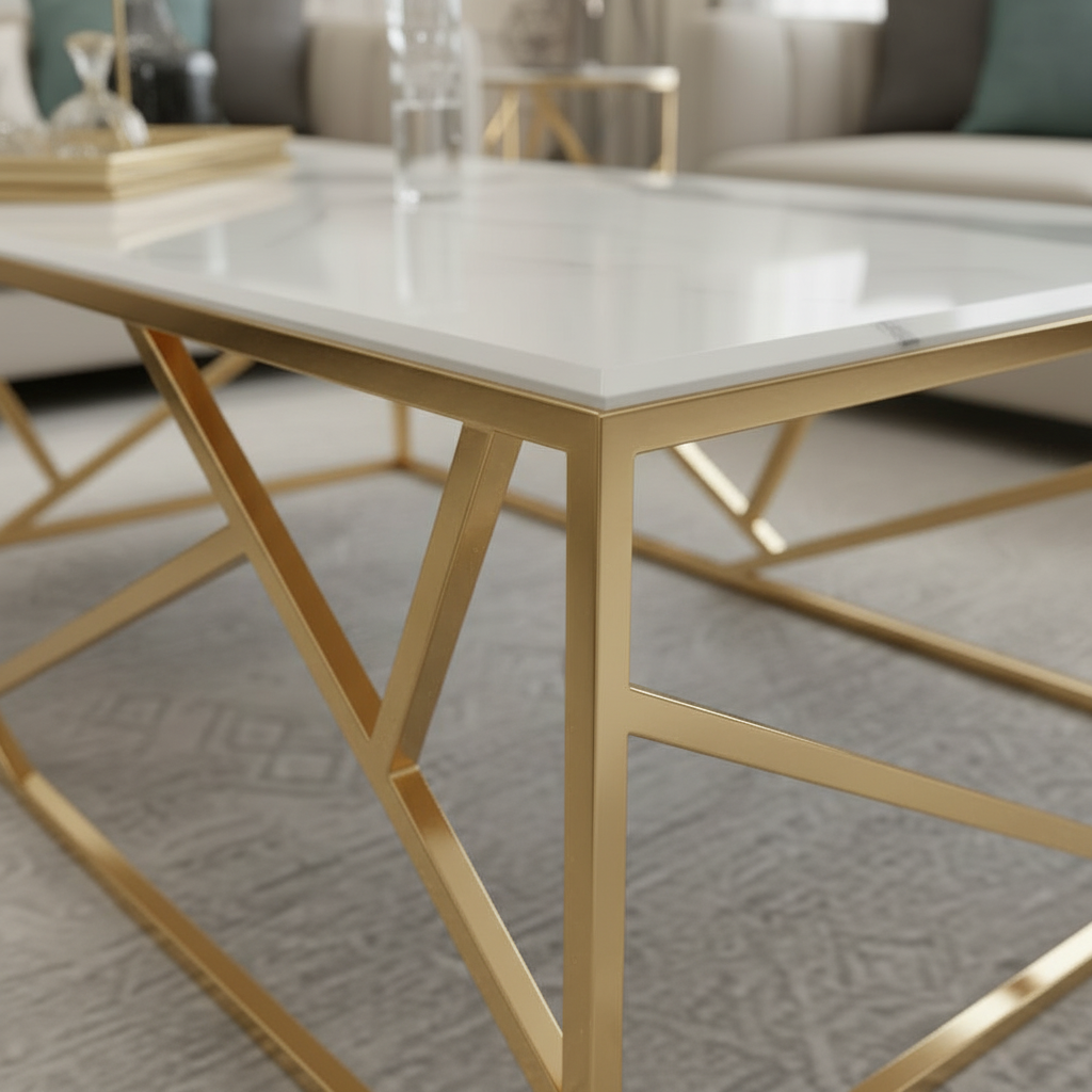 Modern Gold Geometric Diamond-Base Marble Coffee Table - Image 3