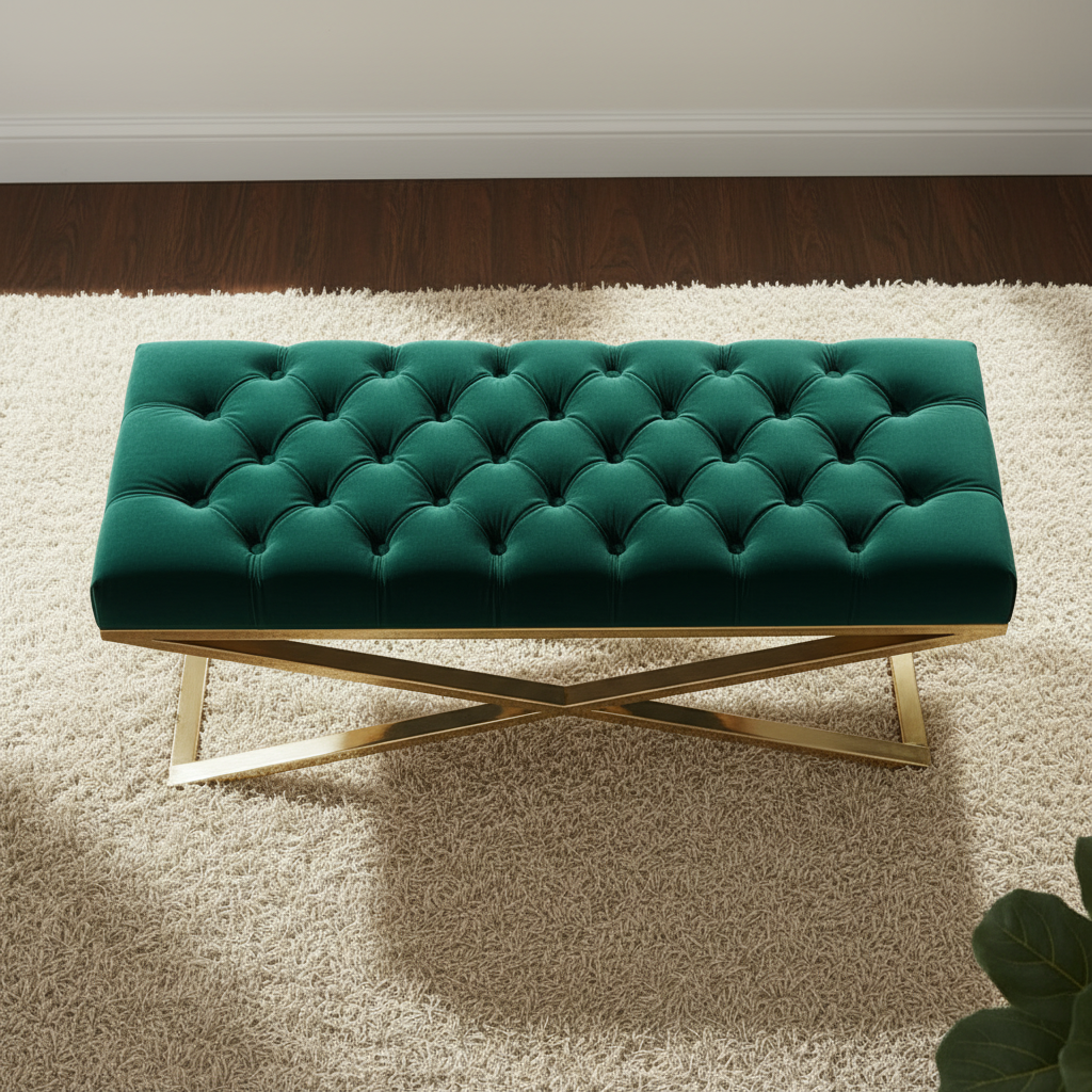 Modern Gold X-Frame Tufted Emerald Green Velvet Bench - Image 2