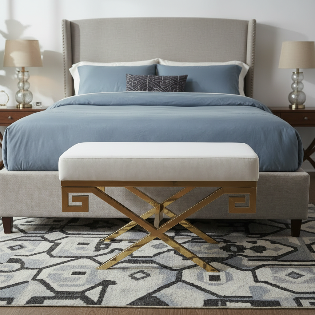 Modern Gold Greek-Key X-Frame White Fabric Bench - Image 2