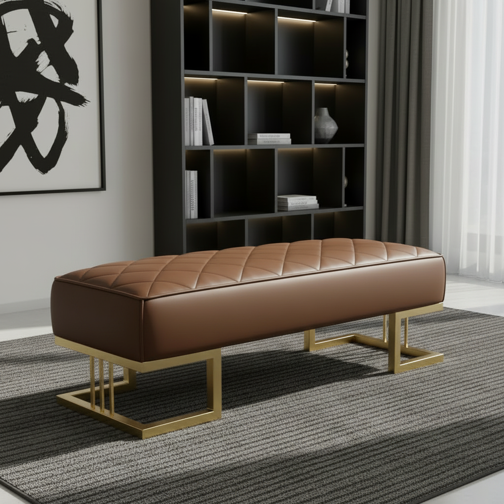 Modern Gold-Framed Diamond-Quilted Brown Leather Bench - Image 2