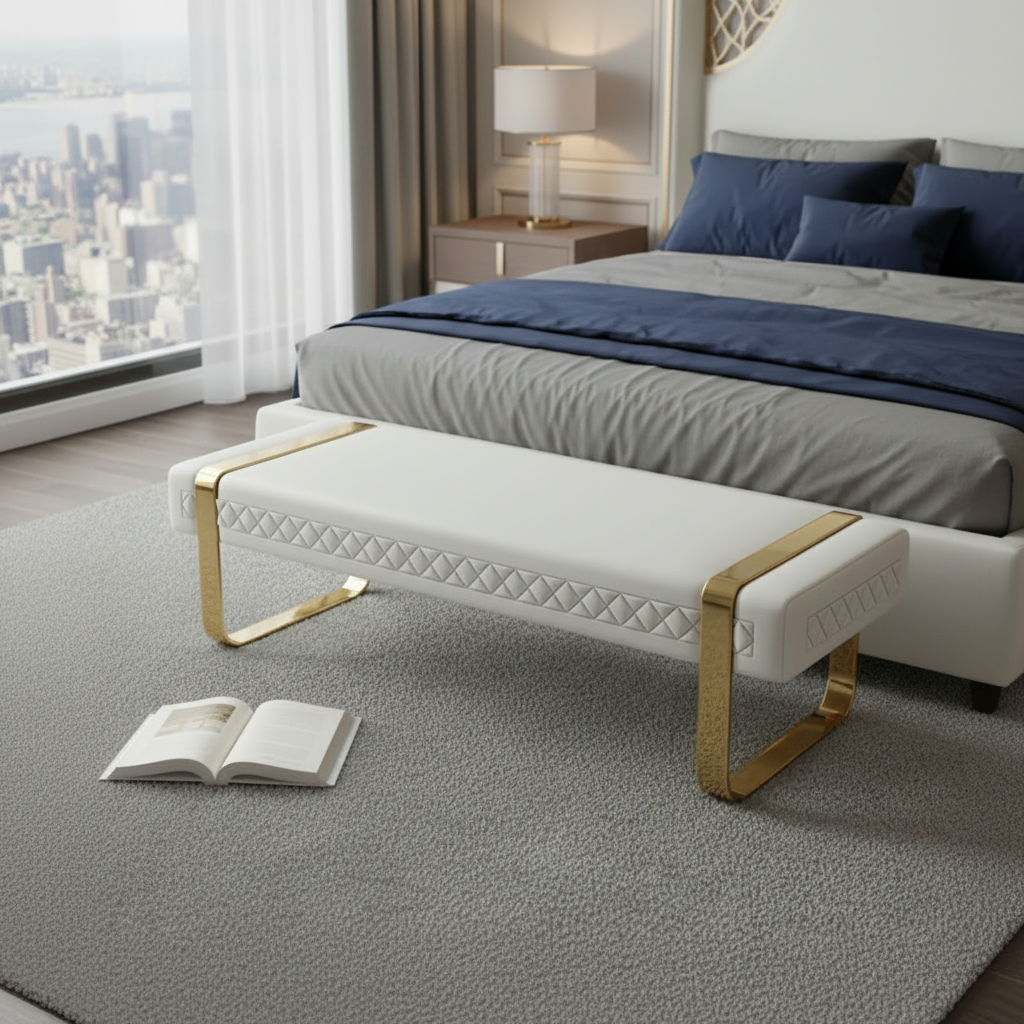 Modern Gold-Framed Diamond-Stitched White Leather Bench - Image 2