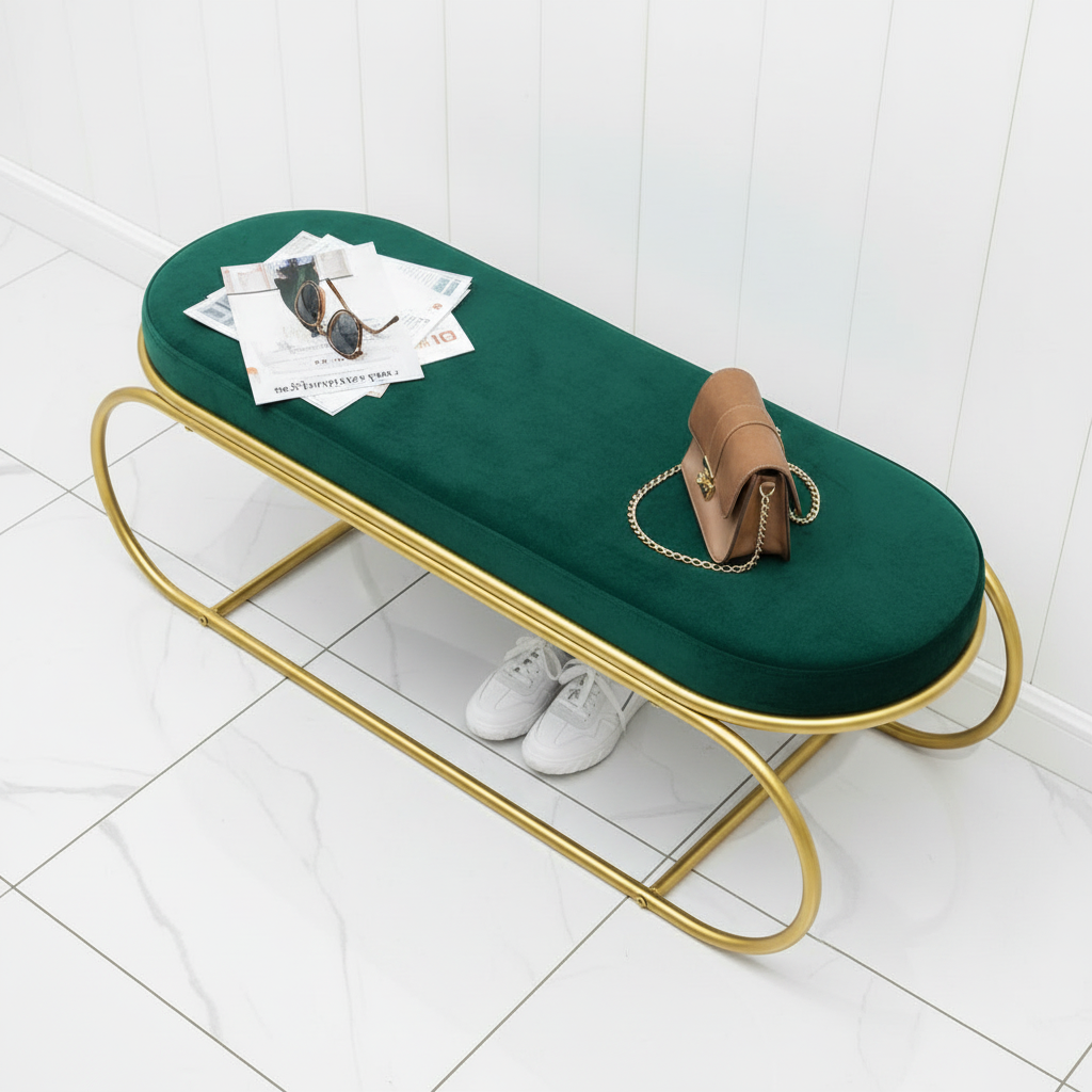 Modern Gold-Framed Emerald Green Velvet Oval Bench - Image 2