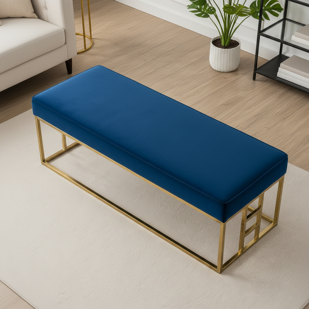 Modern Gold Geometric Square-Base Royal Blue Velvet Bench - Image 2