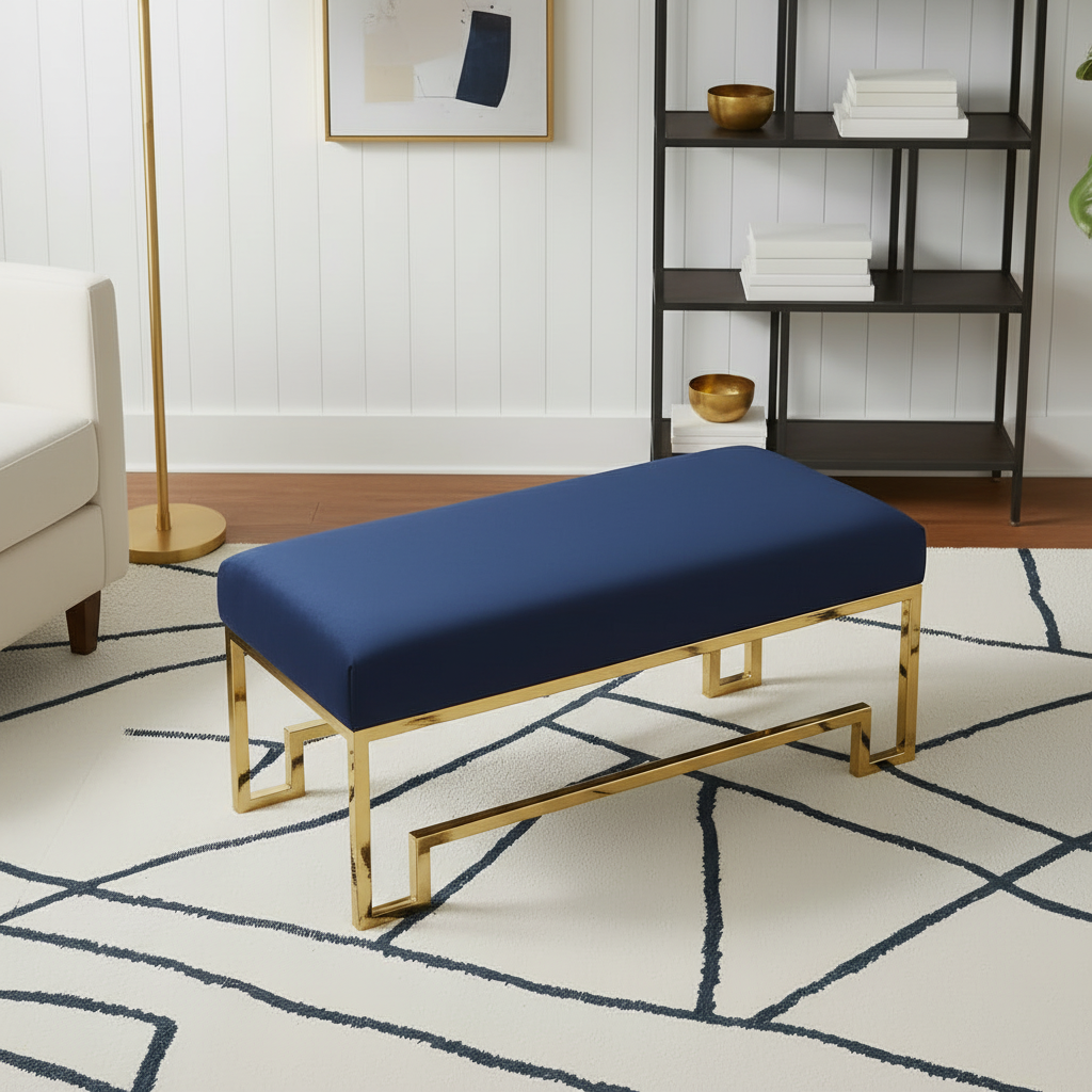 Modern Gold Geometric-Base Royal Blue Velvet Bench - Image 2