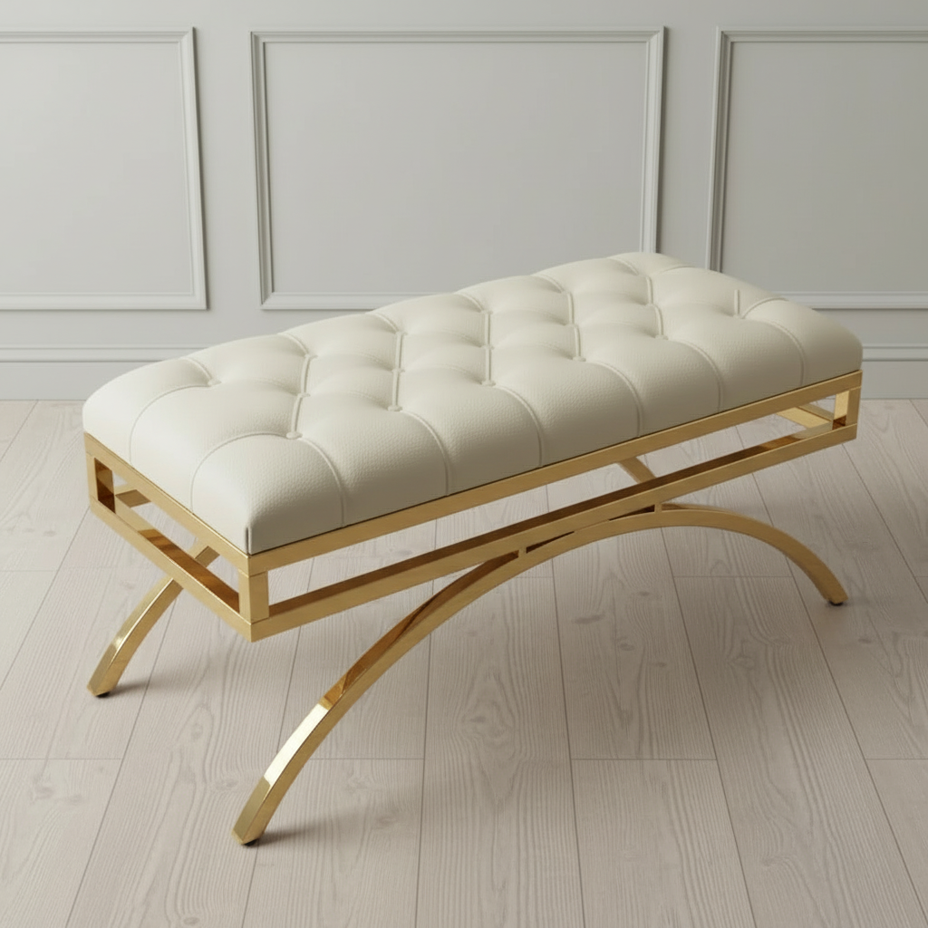 Modern Gold Arched-Frame Tufted White Leather Bench - Image 2