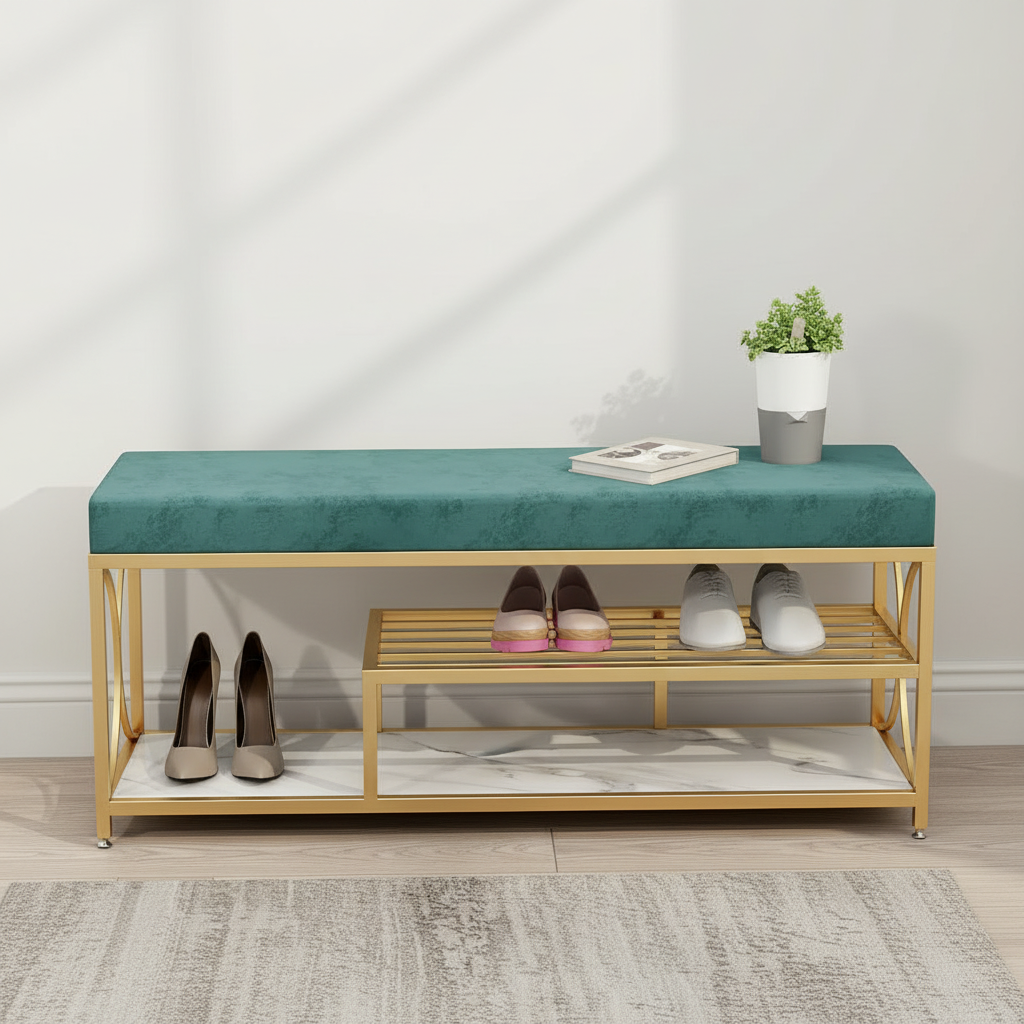Modern Gold-Framed Teal Velvet Shoe Rack Bench - Image 2
