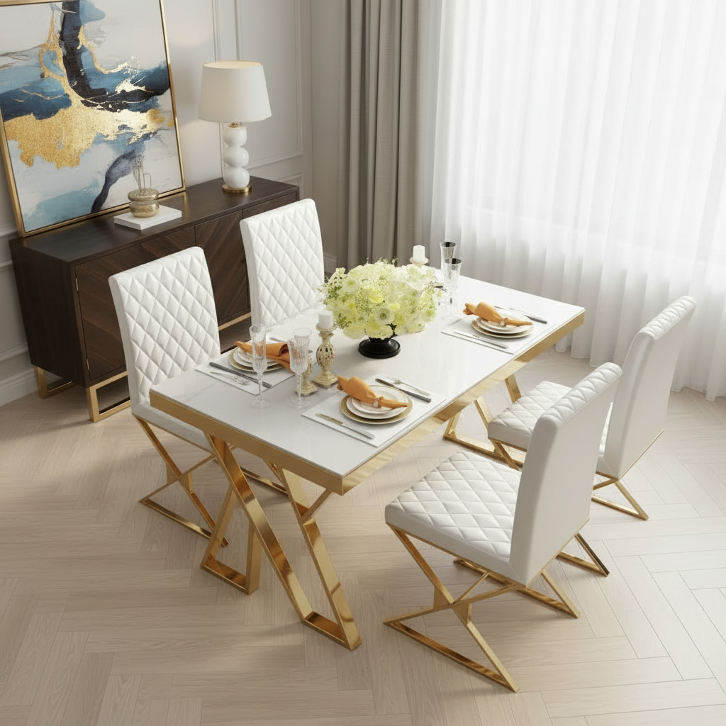 Modern Gold-Framed Marble Table & White Tufted Chairs Dining Set - Image 2