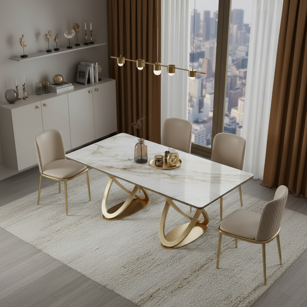 Modern Gold Spiral-Base Marble Table & Beige Leather Chairs Dining Set - Image 2
