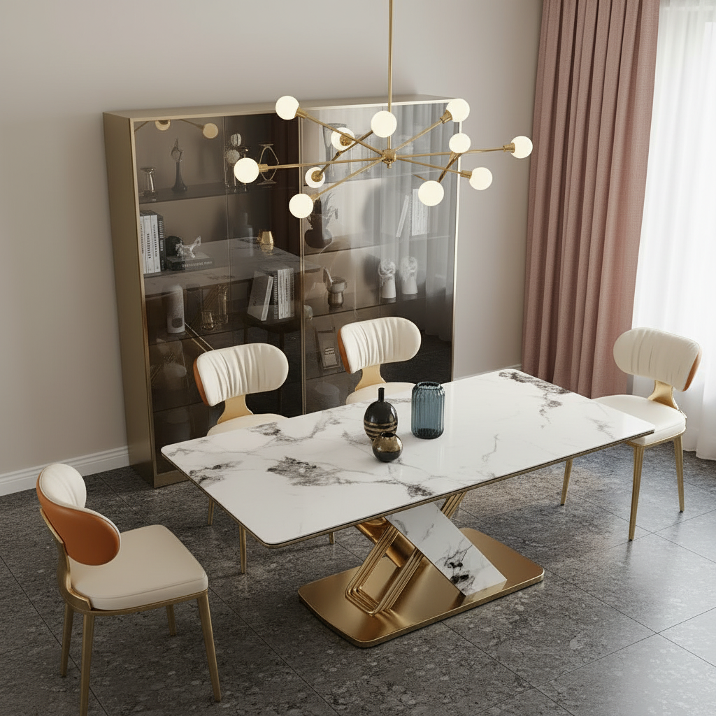 Modern Luxury Marble Dining Table with Gold V-Base - Image 2