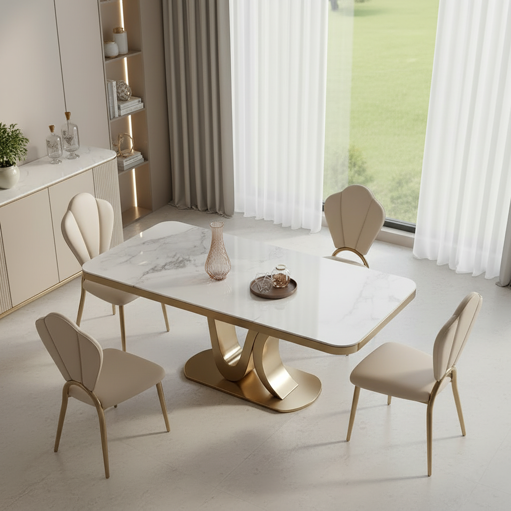 Modern Gold U-Base Marble Dining Table & Petal-Back Chairs Dining Set - Image 2