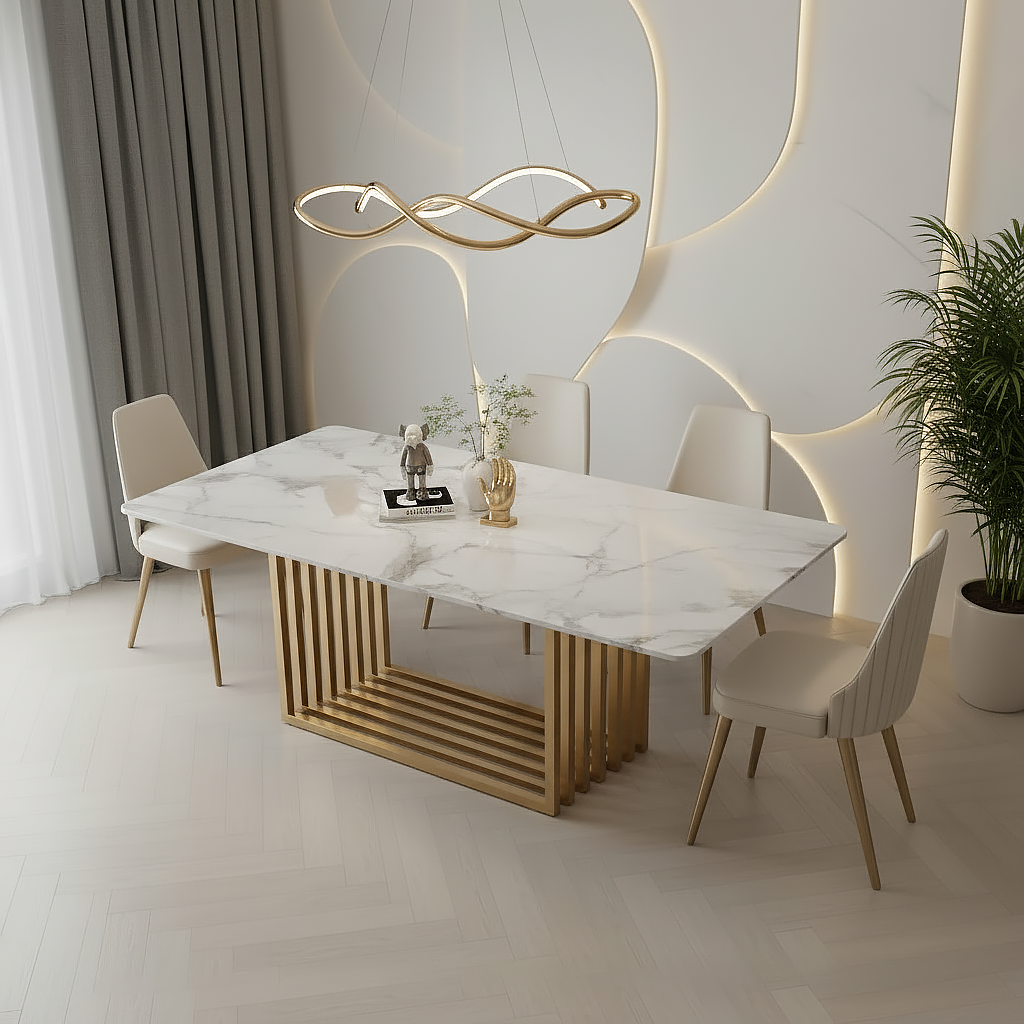 Modern Gold Slat-Base Marble Dining Table & Beige Leather Chairs Dining Set - Image 2