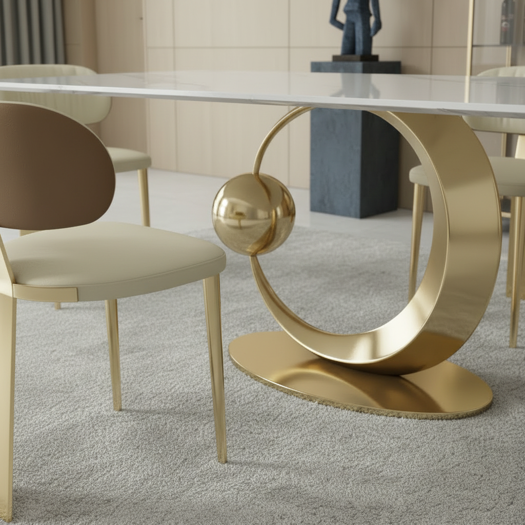 Modern Gold Crescent-Base Marble Dining Table & Two-Tone Leather Chairs Dining Set - Image 2