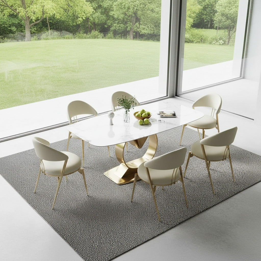 Modern Luxury Gold V-Base Marble Dining Table & Cream Curved Chairs Dining Set - Image 2