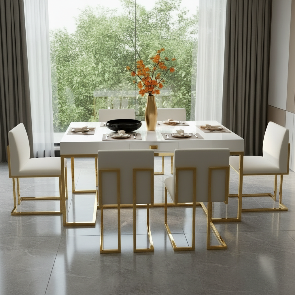 Modern Gold-Framed White Dining Table with Geometric Chairs - Image 2
