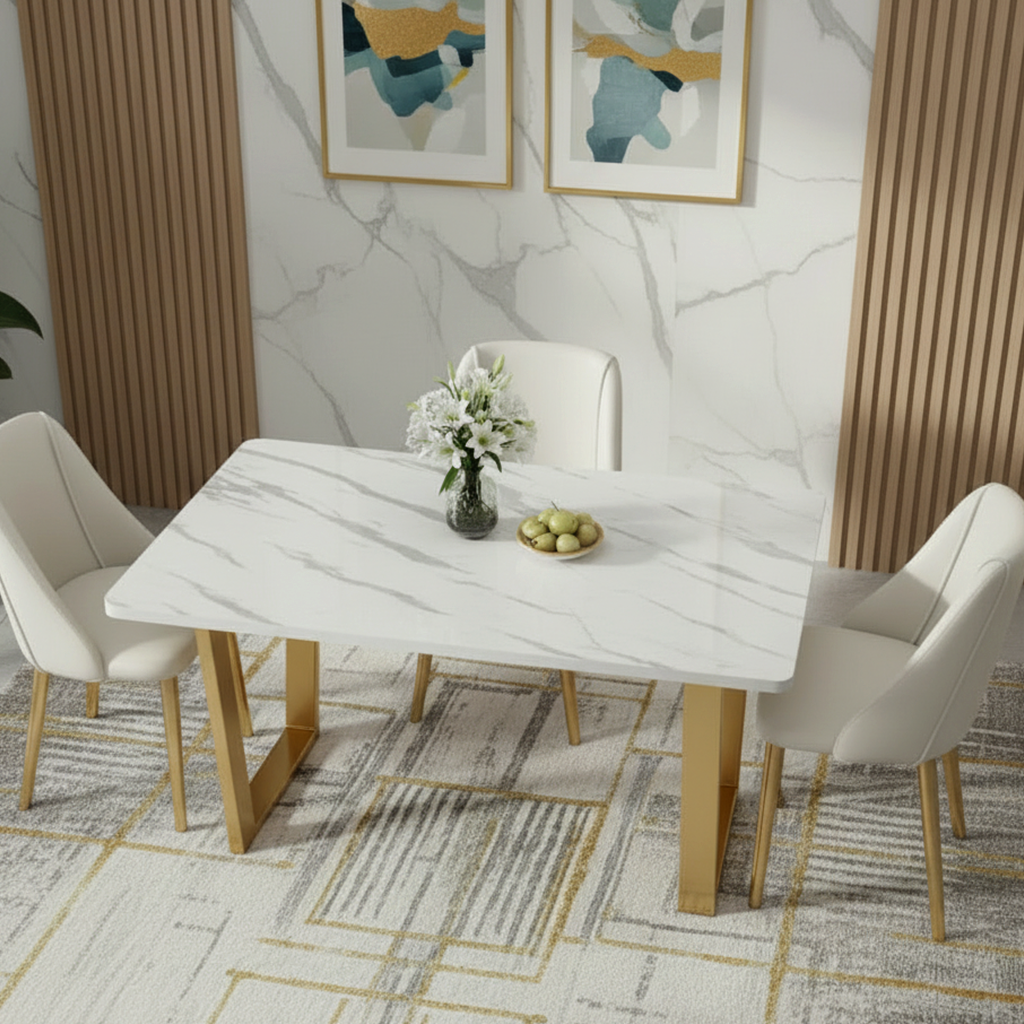Modern Gold U-Base Marble Dining Table & White Leather Chairs Dining Set - Image 2