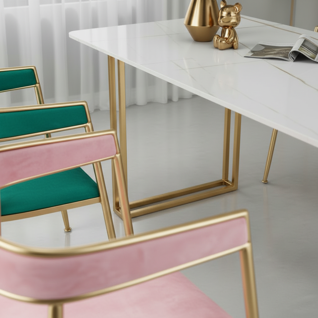 Modern Gold-Framed Marble Dining Table & Multi-Color Velvet Chairs Dining Set - Image 2