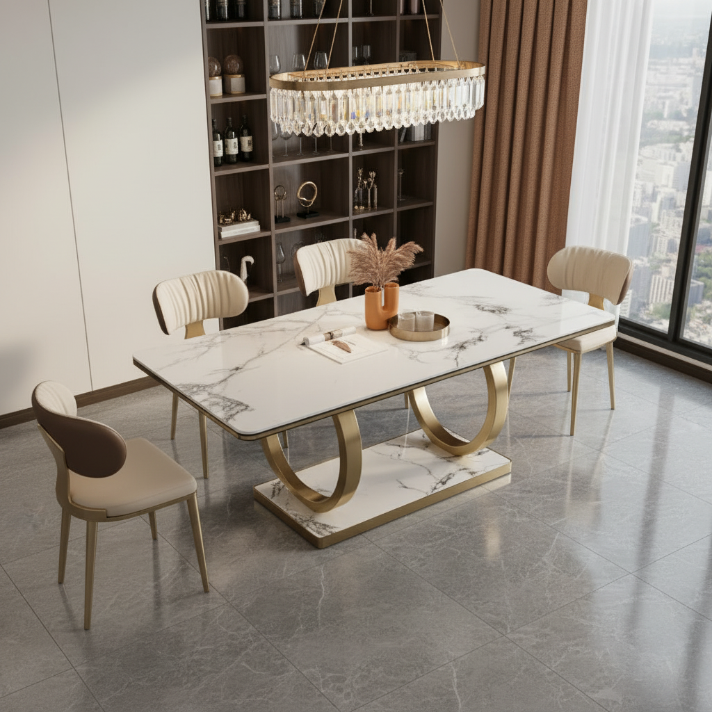 Modern Gold Double-Ring Base Marble Dining Table & Two-Tone Chairs Dining Set - Image 2