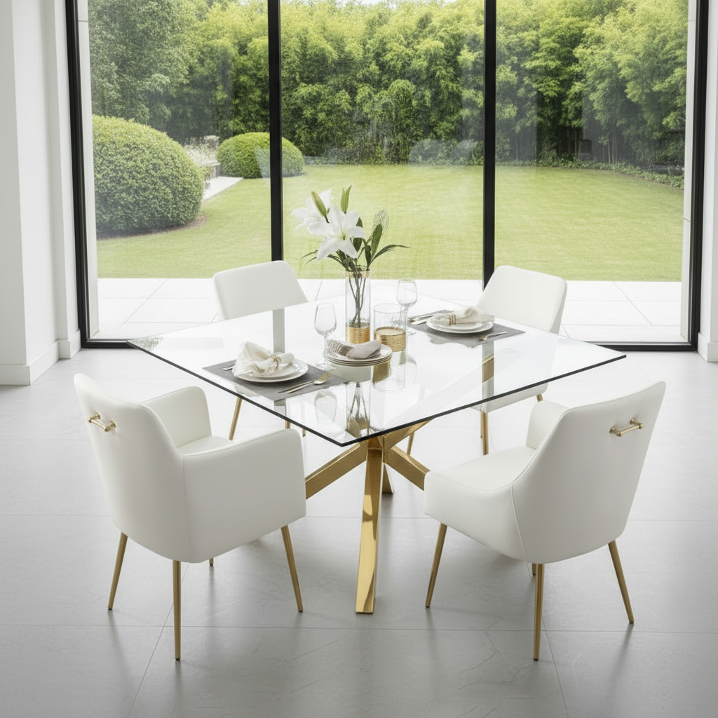 Modern Gold Star-Base Glass Dining Table & White Leather Chairs Dining Set - Image 2