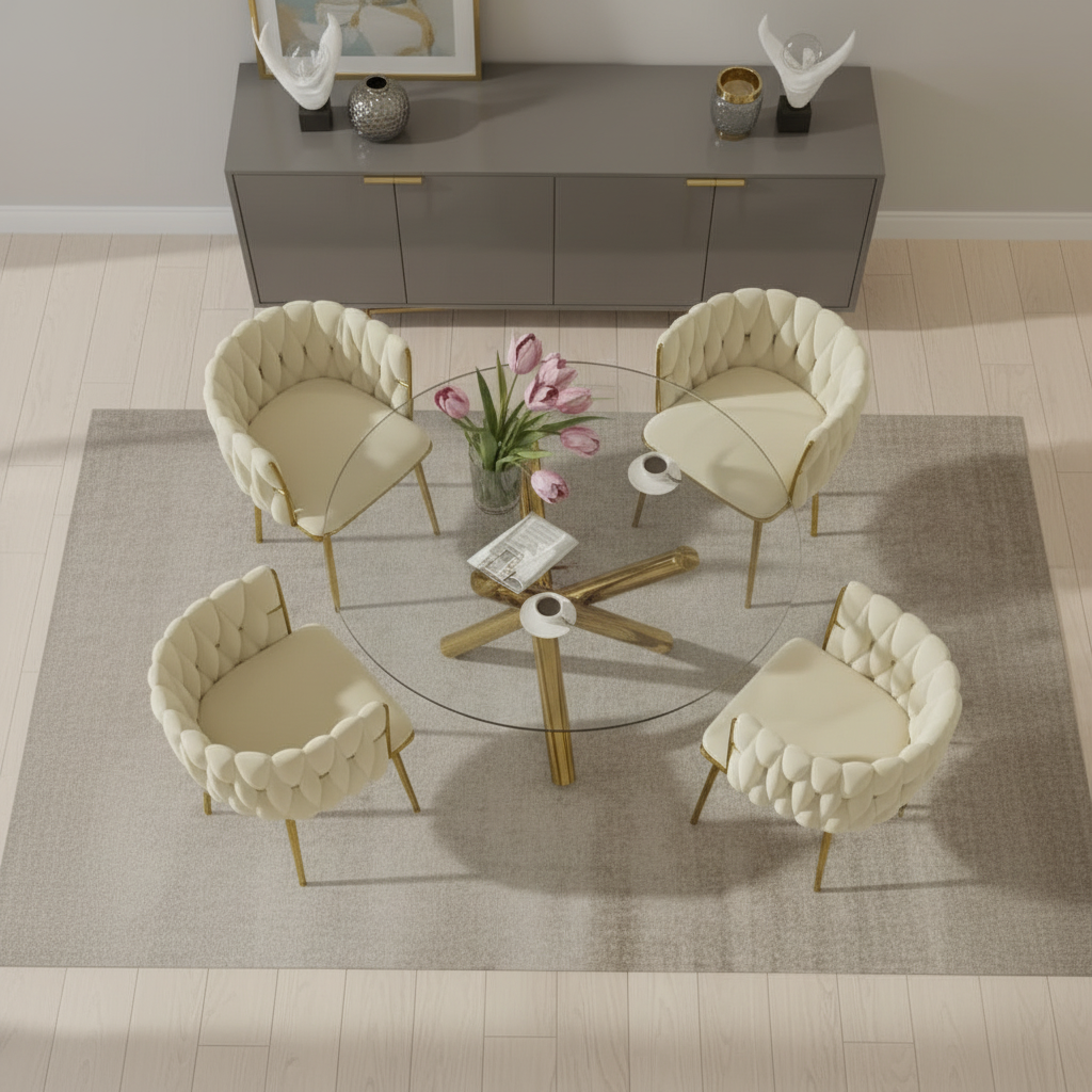 Modern Gold Base Glass Dining Set – Cream Padded Chairs - Image 2