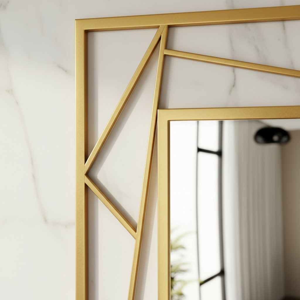 Large Rectangular Gold Wall Mirror with Modern Geometric Grid Frame - Image 2