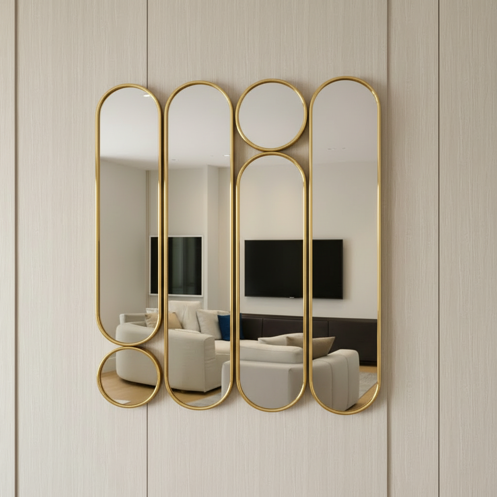 Large Gold Multi-Panel Wall Mirror with 6 Interlocking Capsule Mirrors - Image 2