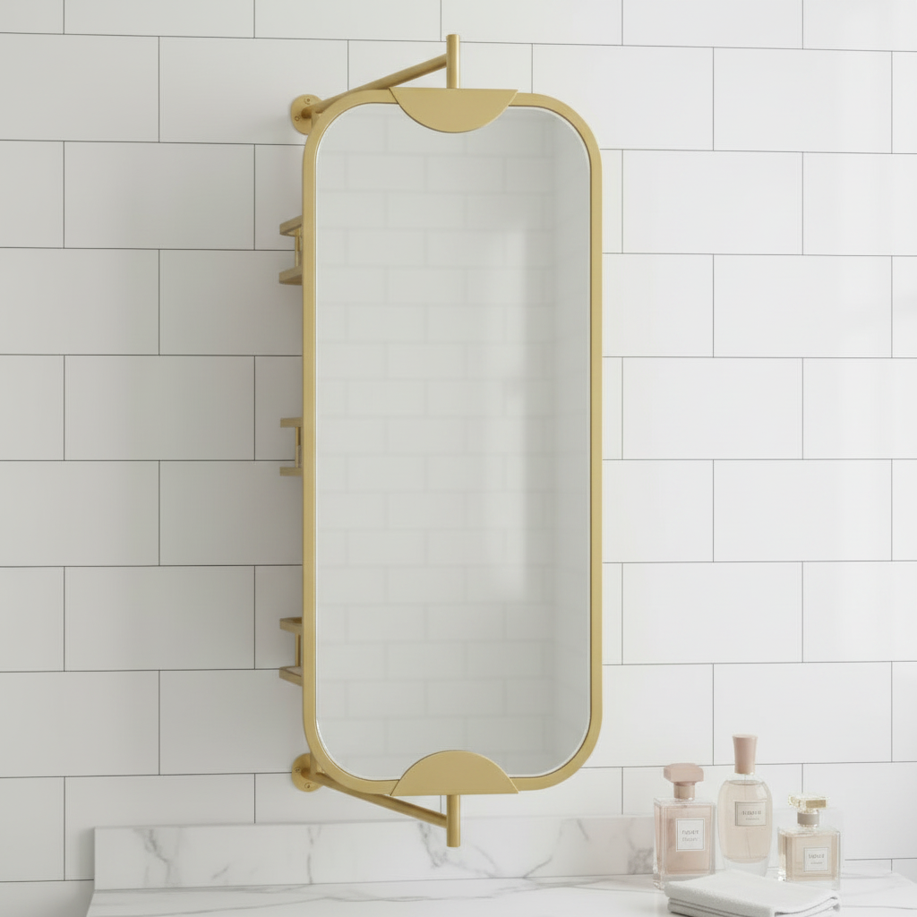 Gold Bathroom Mirror with Side Shelves - Image 2