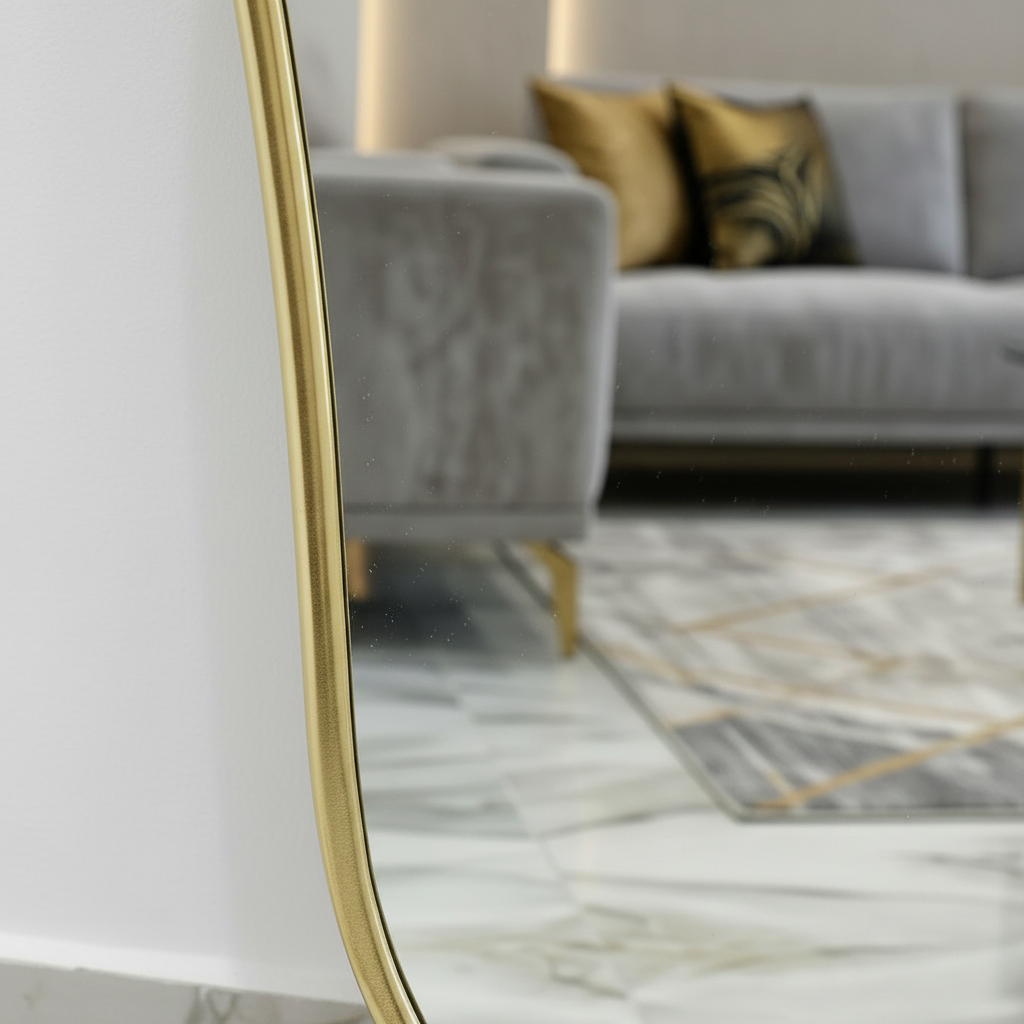 مرآة حائط ذهبية سباعية الأضلاع مودرن – مرآة ديكور هندسية بحواف ناعمة لغرفة المعيشة. - الصورة 2