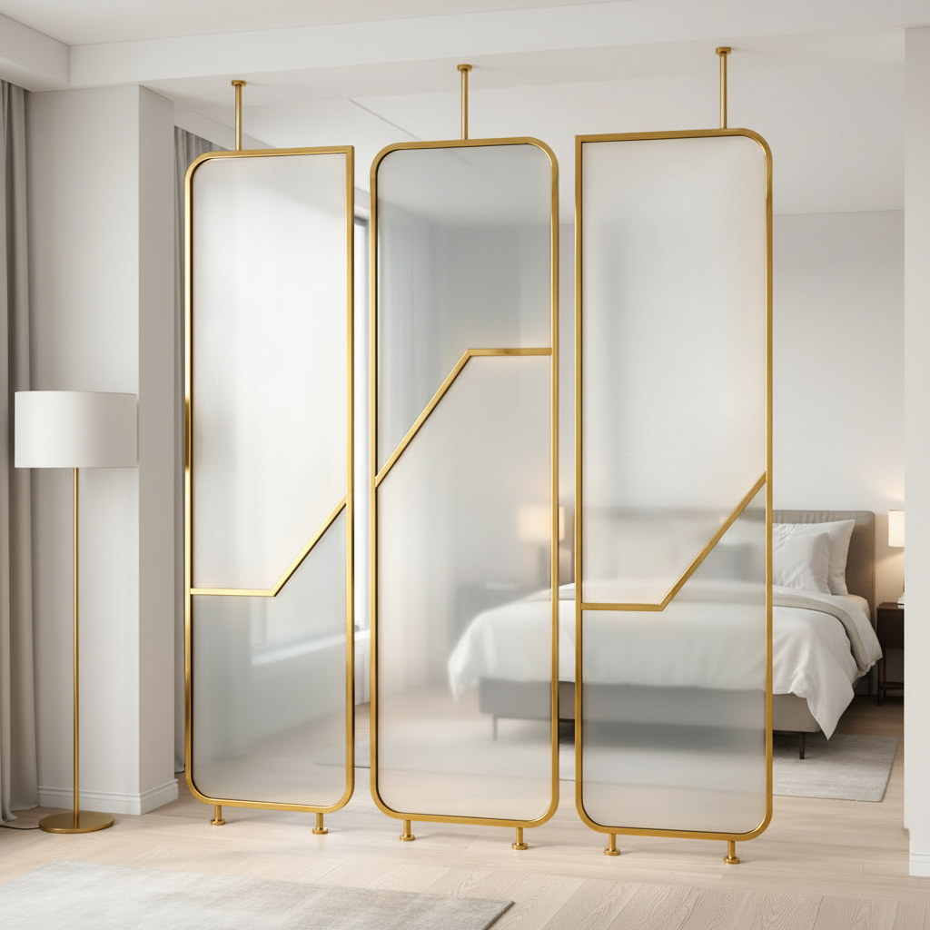 Geometric Gold Frame Glass Partition – Floor-to-Ceiling Style Modular Room Divider - Image 2