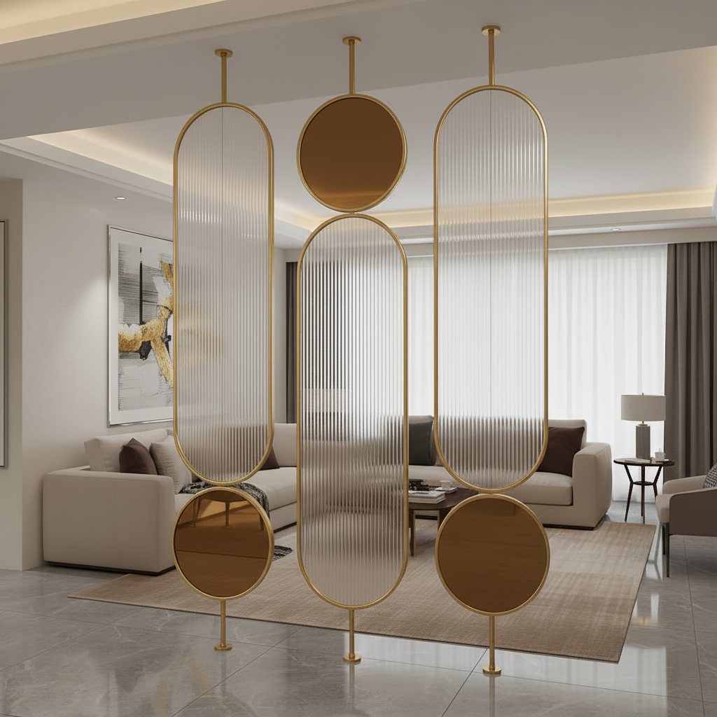 Geometric Multi-Panel Glass Partition – Contemporary Gold Frame Modular Divider - Image 2