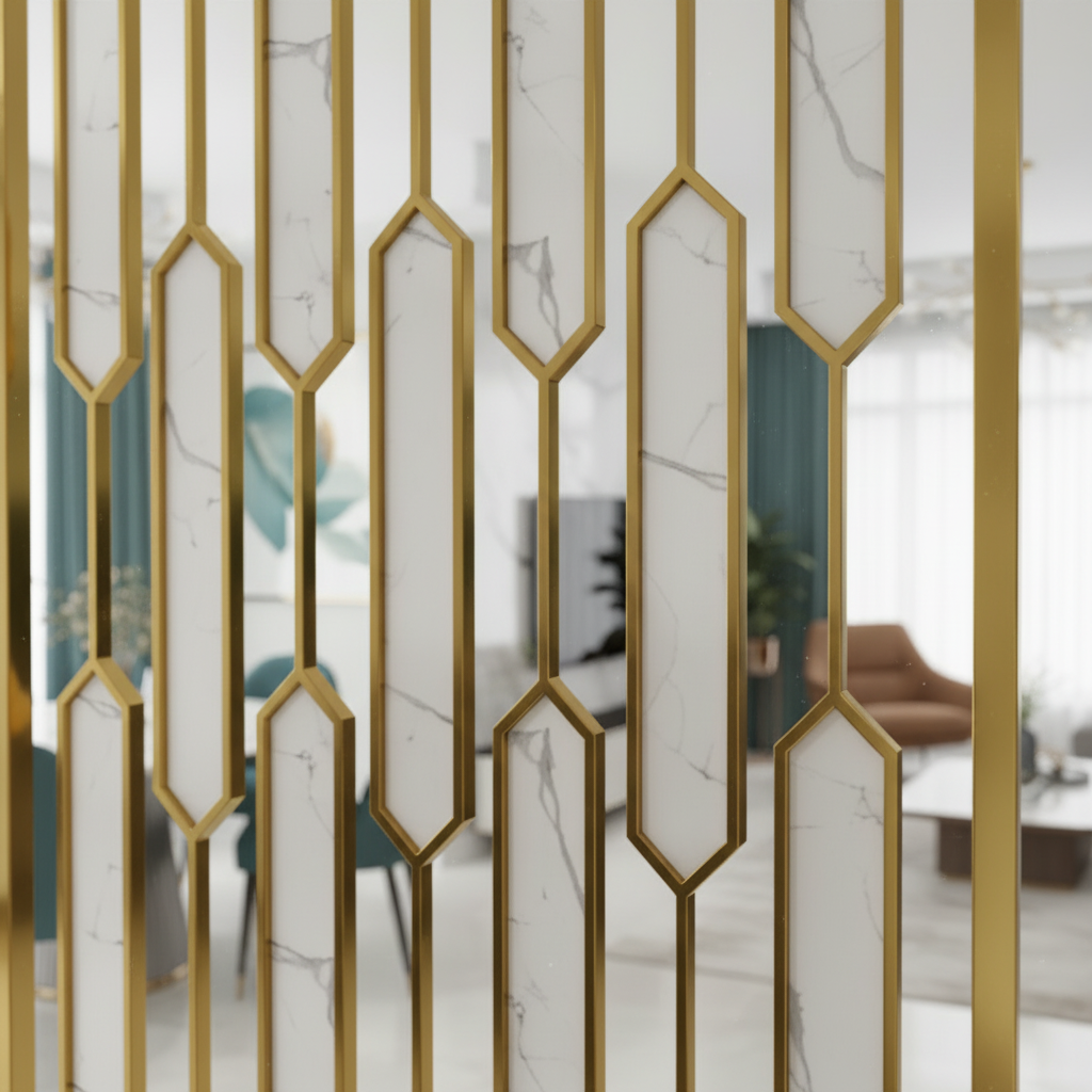 Contemporary Geometric Gold Partition – Modular Frame Divider with Carrara Marble Pattern - Image 2