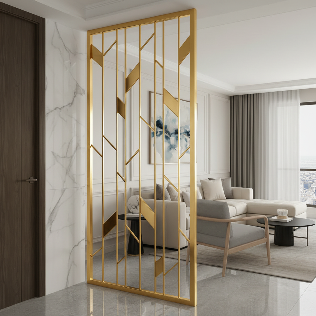 Contemporary Abstract Line Gold Partition – Decorative Metal Open-Frame Entryway Screen - Image 2