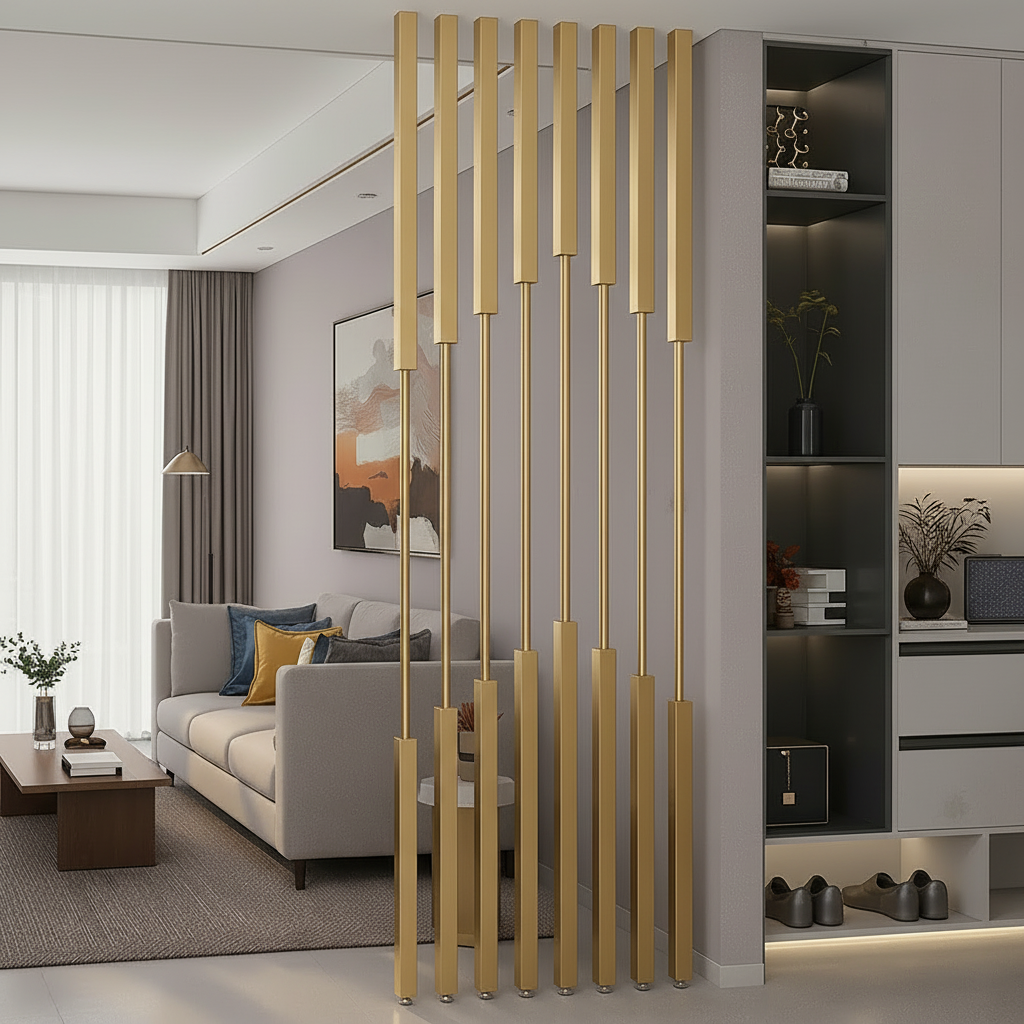 Modern Luxury Gold Column Room Divider – Vertical Spindle Metal Partition for Living Room - Image 2