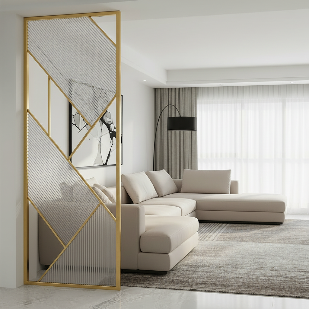 Modern Gold Abstract Room Divider – Luxury Fluted Glass Partition with Geometric Metal Frame - Image 2