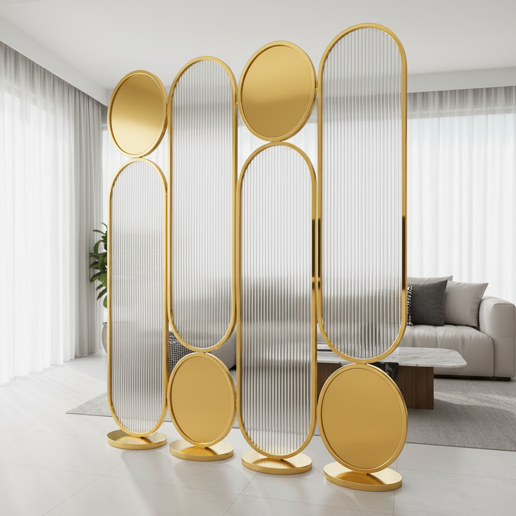 Modern Gold Abstract Room Divider – Luxury Fluted Glass Partition with Geometric Metal Frame. - Image 2
