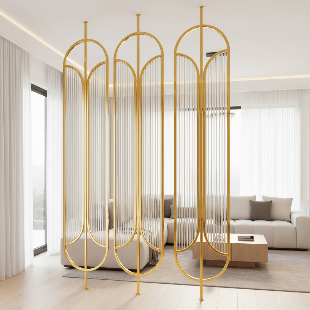 Modern Gold Capsule Room Divider – Luxury Fluted Glass Privacy Screen with Arch Design - Image 3