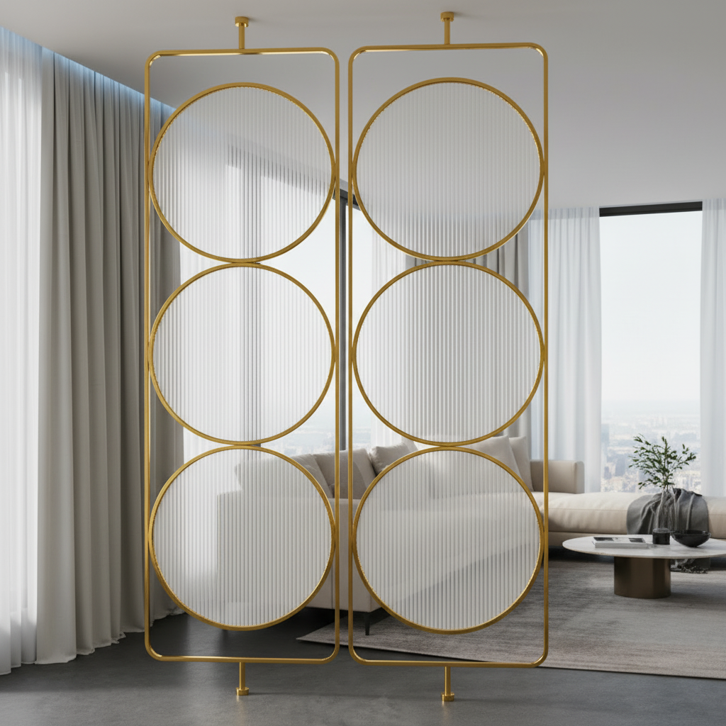 Modern Gold Circular Glass Room Divider – Luxury Fluted Glass Partition with Geometric Frame - Image 2